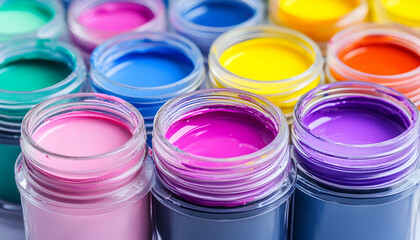 Colorful paint jars, art supplies, studio background, creative project