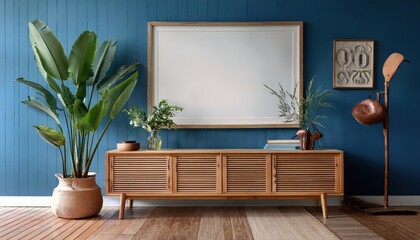 Rustic Elegance Farmhouse Living Room Interior Showcasing a Blue Accent Wall and Wooden Console, Exuding Warmth and Character in the Heart of the Home