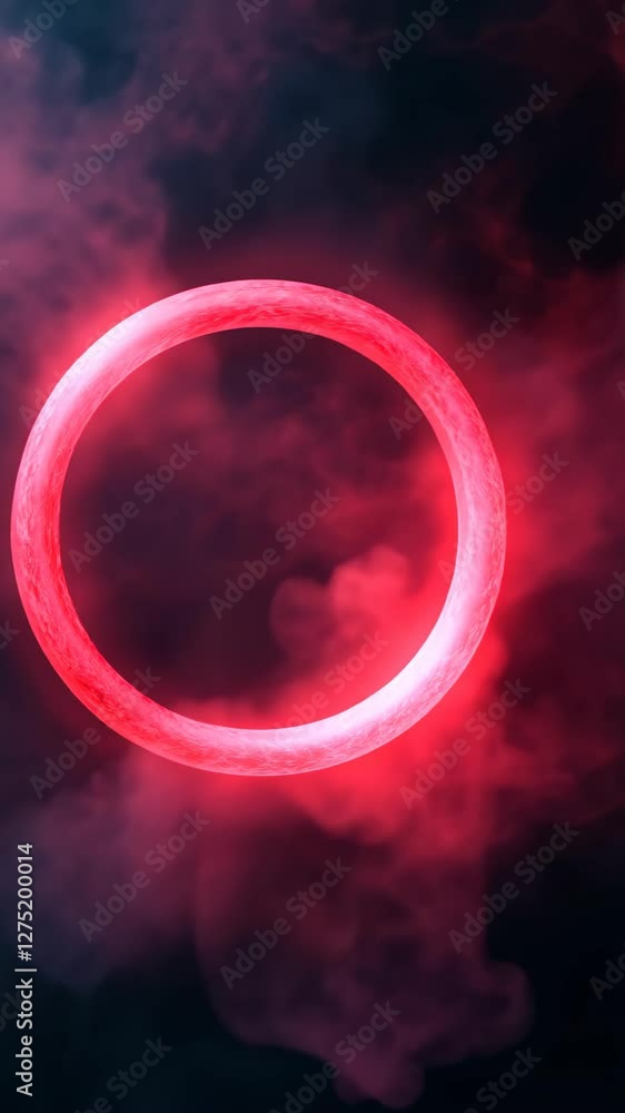 Poster neon plasma ring in dark smoky background with futuristic glow and 3d animation elements for cutting