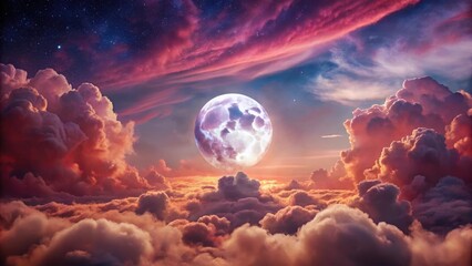 Obraz premium Celestial Dreamscape A Full Moon Rises Above a Sea of Crimson Clouds and a Starry Night Sky