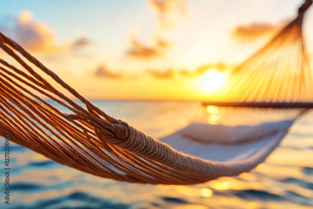 Poster peaceful sunset view from a hammock by the beach with gentle waves in the background