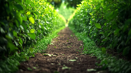 Fototapeta premium A serene garden pathway, recently swept clean and bordered 