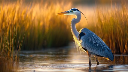 Great Blue Heron in Golden Marsh &ndash; Majestic Bird Wildlife Photography