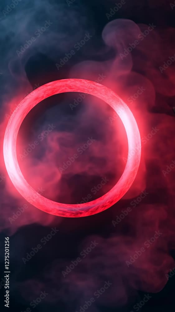 Poster neon plasma ring in dark smoky background with futuristic glow and 3d animation elements for cutting