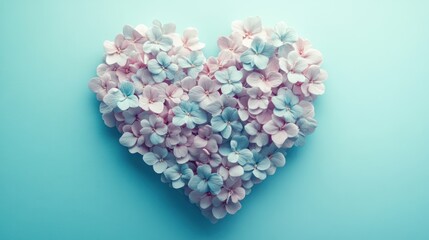 Pastel hydrangea heart, blue background, love, flat lay
