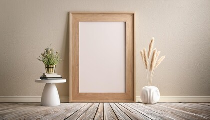 3D Render Pastel Beige Mockup Frame in a Light, Airy Interior, Showcasing a Calming Retro Atmosphere with a Touch of Modern Elegance.