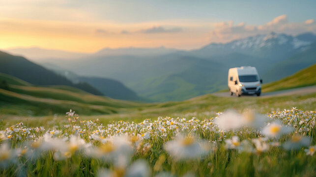 Camper van travels through scenic mountain road with wildflowers in foreground