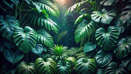 Lush Tropical Foliage A Vibrant Display of Emerald Green Leaves in a Dense Jungle Setting