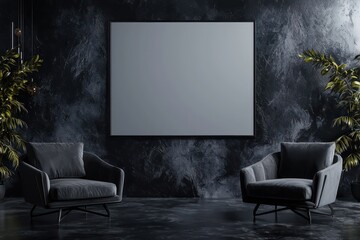 Fototapeta premium Business or living scene, dark theme, black and gray with wall mockup, 3D.