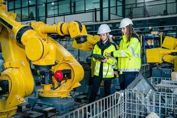 Engineers inspect robotic machinery in a modern factory during the day while ensuring efficient operations and safety protocols
