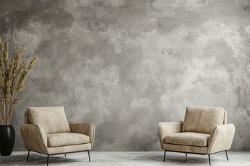 Office or living space in minimal design, camel armchairs, gray wall.