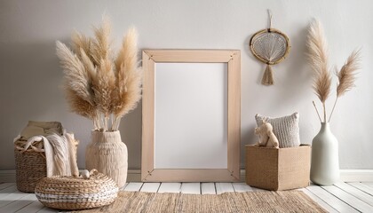 ScandiBoho Style Mockup Frame in Light Pastel Interior Background, Showcasing a Cozy and Airy Room with an Inviting Atmosphere at Dusk