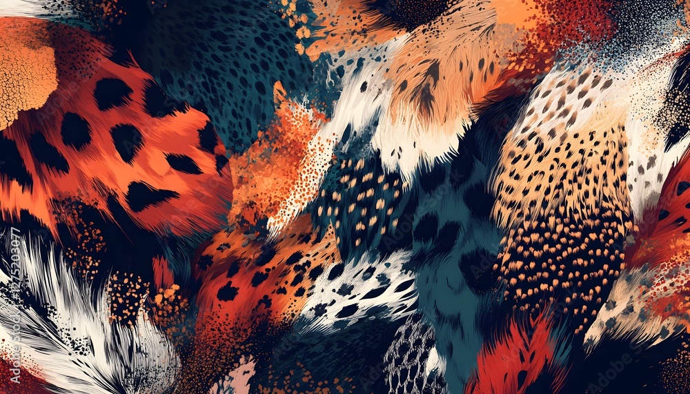 Poster Abstract colorful pattern of feathers and spots create rich textures