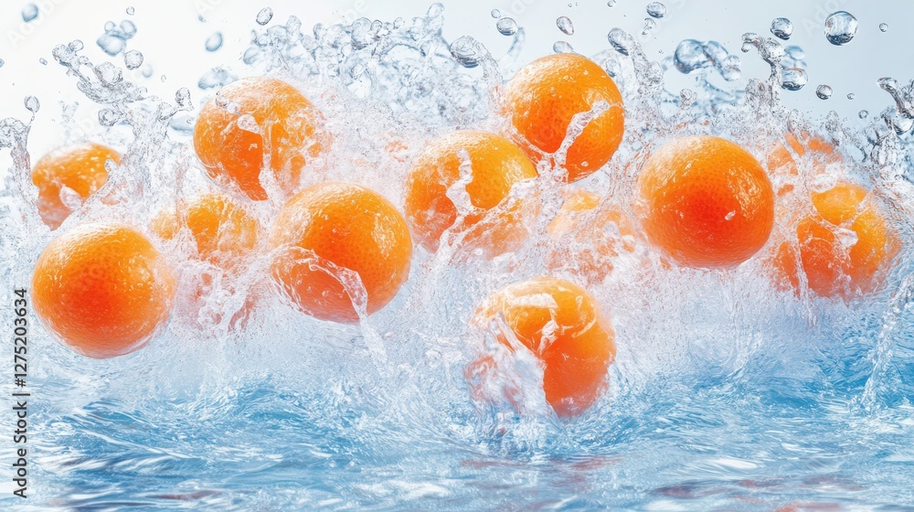 Poster fresh oranges splashing into clear water, creating dynamic waves and droplets in a vibrant scene
