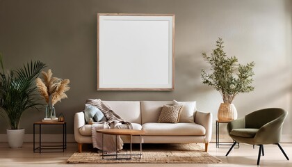 3D Rendered Mockup Frame in a Warm and Inviting Living Room Interior Luxurious Oak Wood Tones, Modern Artwork, and Soft Lighting Set the Mood for a Relaxing Retreat.