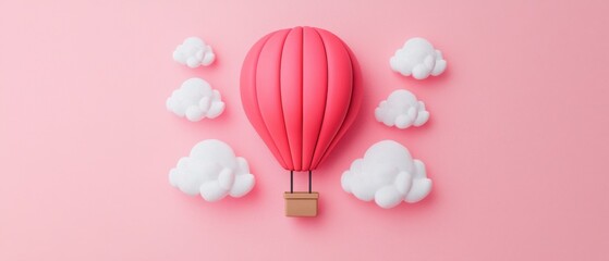 A whimsical pink hot air balloon floats among fluffy clouds against a soft pink background, evoking a dreamy, playful atmosphere.