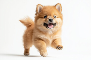 Playful Pomeranian Portrait Showcasing Joyful Expression and Dynamic Movement in Professional Studio Photography with Premium Lighting Capturing Happy Personality Against Clean White Background