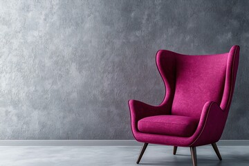 Trendy 2025 magenta living room, bright crimson chair, 3D.