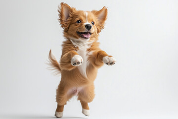Happy Long-Haired Chihuahua Performing Perfect Standing Jump in Professional Studio Setting with Expert Lighting Capturing Joyful Expression and Natural Grace