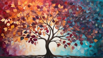 a tree with colorful leaves on a white background with the words