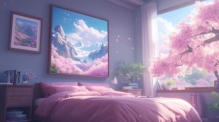 Pink bedroom, cherry blossom view