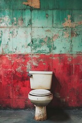 Toilet in front of red and green wall