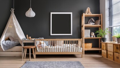 Minimalist Unisex Child Bedroom Mockup with Natural Wooden Furniture and a Warm, Inviting Atmosphere, Perfect for Digital Art, Home Decor, or Design Inspiration.