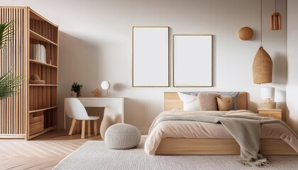 Minimal Unisex Child Bedroom Mockup with Natural Wooden Furniture in a Cozy Nook, Embracing Earthy Tones and 3D Rendered Textures to Inspire Modern Design and Decor.