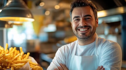 Fototapeta premium Happy chef, french fries, restaurant, kitchen, portrait, food, smiling, business, owner, service