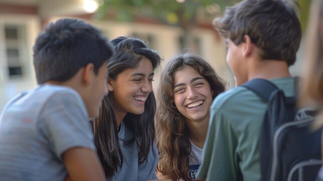 A group of high school teenagers hanging out in the school courtyard, laughing and enjoying their break time