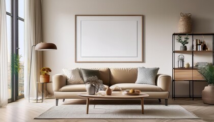 Modern 3D Render Stylish Mockup Frame Embellishing a Contemporary Living Room Interior, Illuminated with Vibrant Hues and Textures, Showcasing a Trendsetting Design Idea for Home Decor or