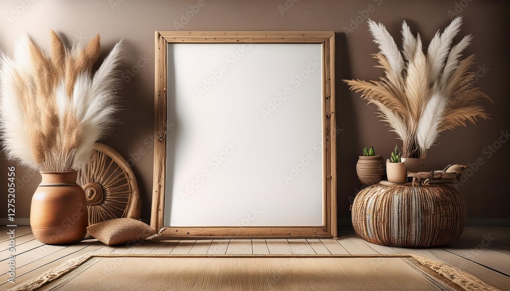 Poster rustic bohemian mockup frame embedded in nomadic interior scene with rustic decor, capturing a warm 