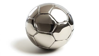 Shiny metallic soccer ball rests on a clean white surface