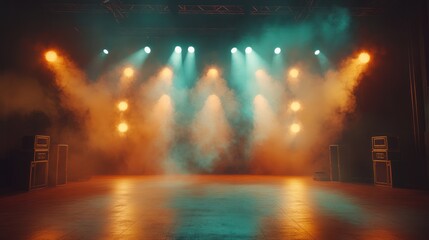 Smoky stage lighting concert venue, empty