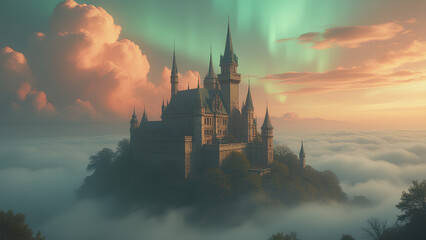 Naklejka premium Majestic Castle in the Clouds with Aurora Borealis