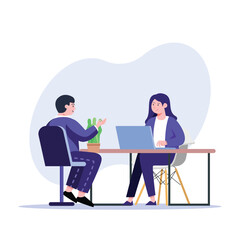 Two colleagues are meeting and discussing work, one using a laptop on desk This illustration is perfect for teamwork and business concepts.
