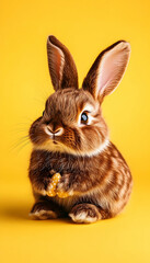 Cute brown bunny holding treat, yellow background. Easter card