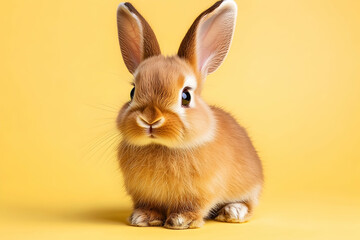 Cute brown bunny rabbit on yellow background, Easter