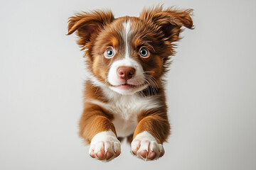 Stunning Close-up Portrait of Australian Shepherd Puppy with Striking Blue Eyes and Perfect Red Merle Coloring in Professional Studio Environment