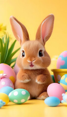 Cute bunny with Easter eggs, spring flowers