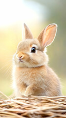 Cute bunny sitting in hay, sunny meadow background, spring pet image