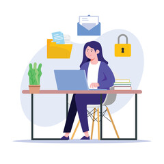 Female character working on a laptop surrounded by files and secure email icons for data protection content Perfect for illustrating secure online communication.