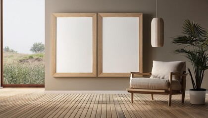 Minimalist 3D Rendered Mockup Frame in a Simplistic Interior Background Radiating Modern Elegance and Serene Minimalism at Dusk