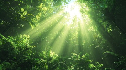Obraz premium Sunlight streams through lush jungle canopy. Possible use Nature photography