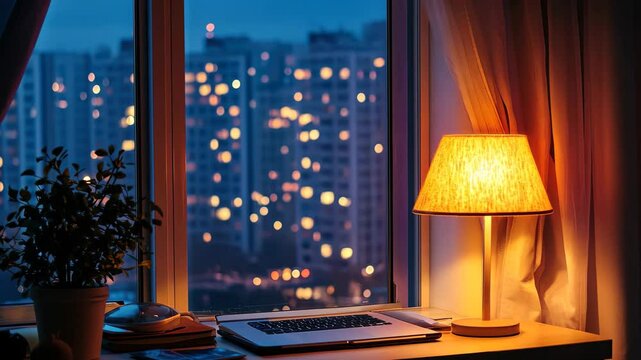 Cozy study room with warm lamp providing comfort while overlooking a city skyline at night, Cozy study room with a warm lamp and city view at night from the window Winter comfort concept