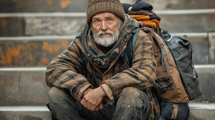 A poignant portrait of a homeless elderly man, sitting on weathered steps, his worn clothes and heavy backpack hinting at a life of hardship and resilience.
