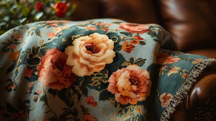 Floral throw blanket draped on leather couch