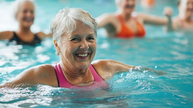 A group of seniors participating in a water aerobics class in a pool, with joyful expressions