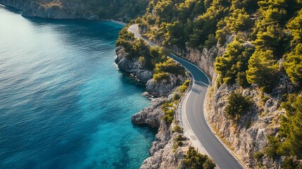 Picturesque Coastal Road Nestled Between Turquoise Waters and Verdant Cliffs in Antalya Turkey