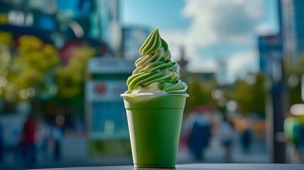 Meticulously Detailed Matcha Soft Serve in a Commercial Scene